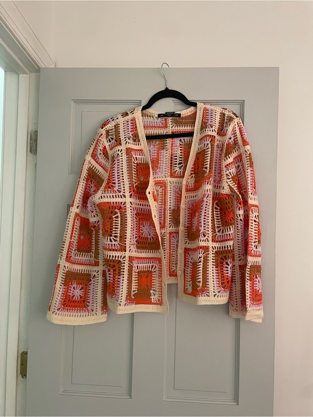Crochet Granny Square Jacket - Multicolor Cream Trim